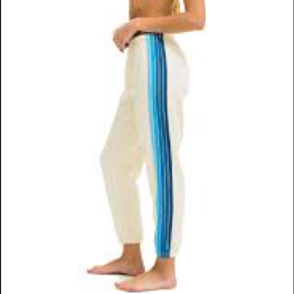 cream aviator nation sweats with blue stripes